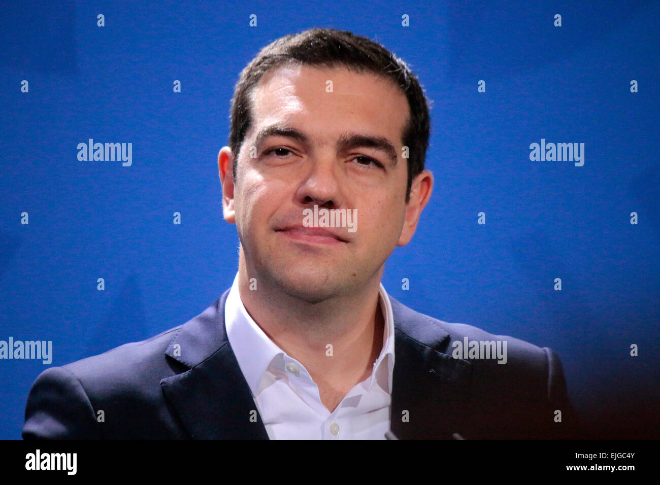 23 mars 2015 - BERLIN : Le Premier ministre grec Alexis Tsipras lors d'une conférence de presse après une rencontre avec le Chancelier allemand dans le Chanclery à Berlin. Banque D'Images
