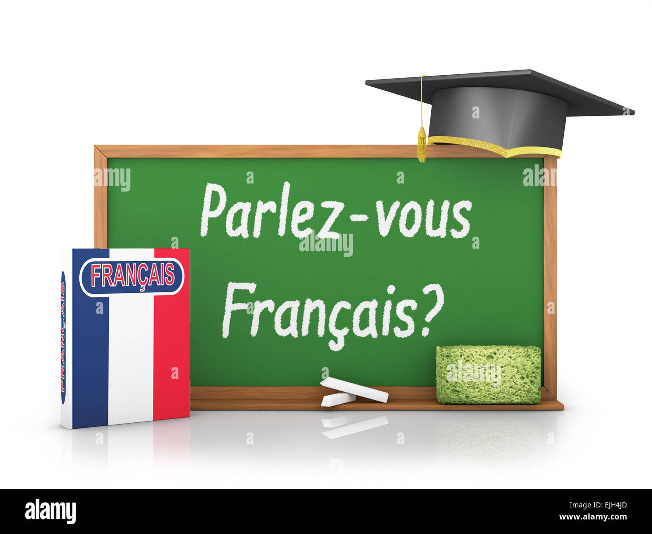 Livre en français avec un drapeau et un tableau sur lequel est écrit - parlez-vous un français ? Banque D'Images