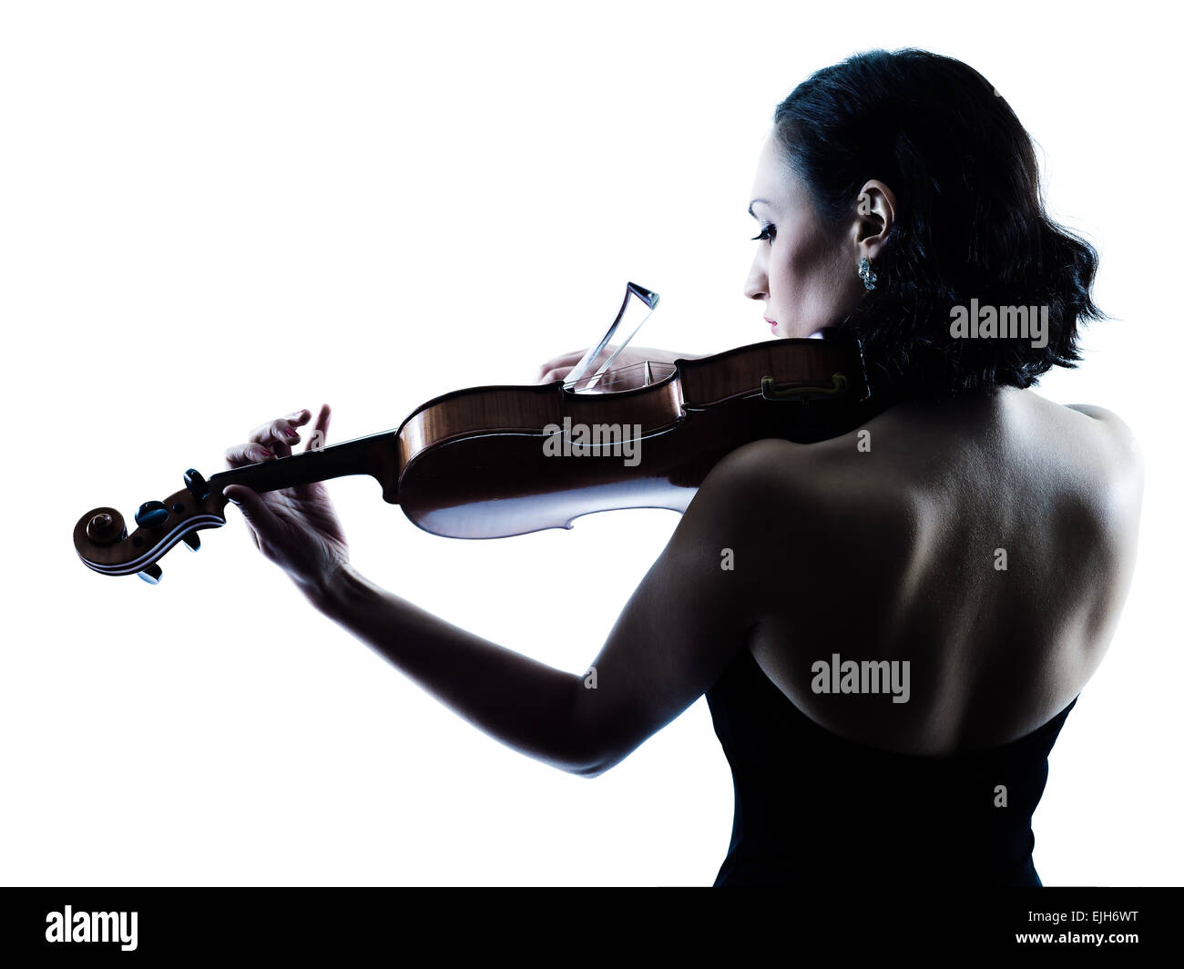 Un portrait femme violoniste lecteur jouer violon slihouette studio isolé en fond blanc Banque D'Images