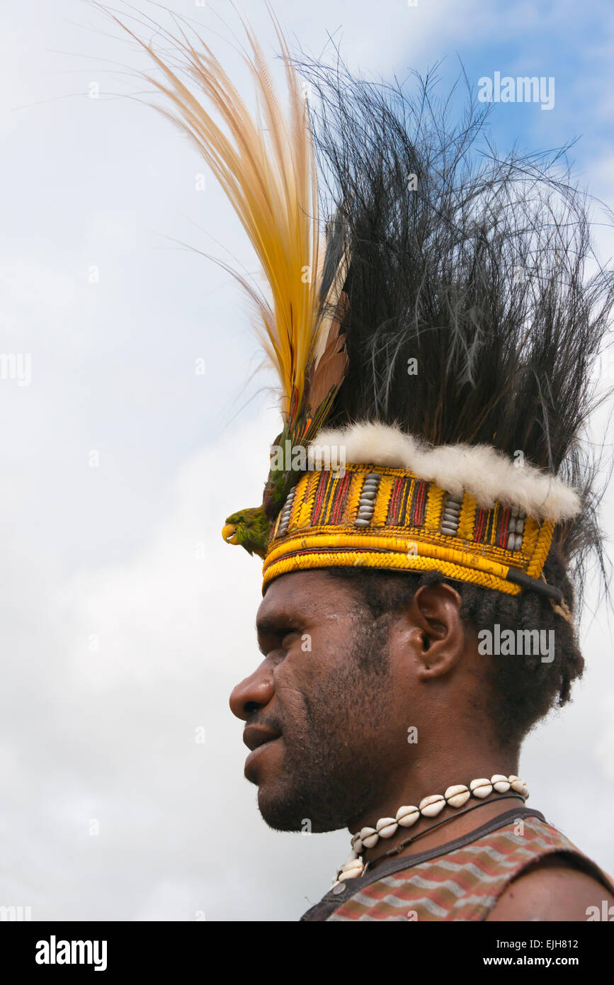 Dani homme portant robe, tête d'Wamena, Papouasie, Indonésie Banque D'Images