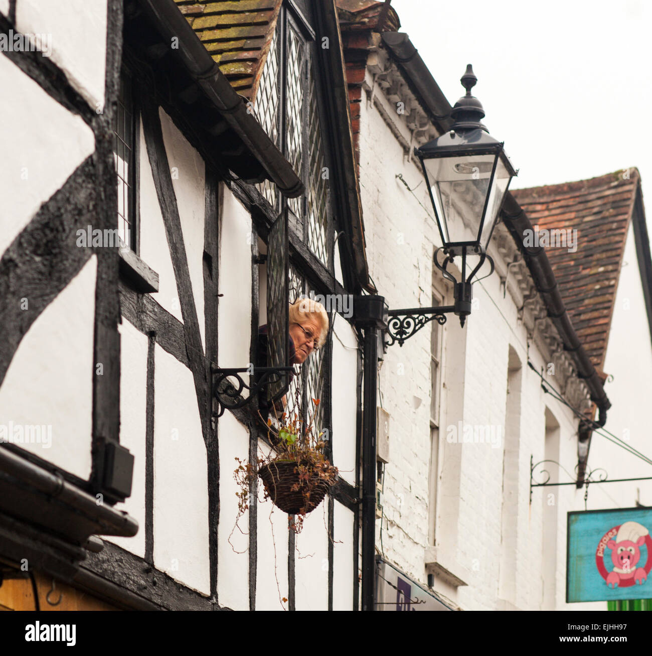 Femme regardant à partir de la fenêtre de la Maison Tudor à Godalming, Surrey, Angleterre Banque D'Images