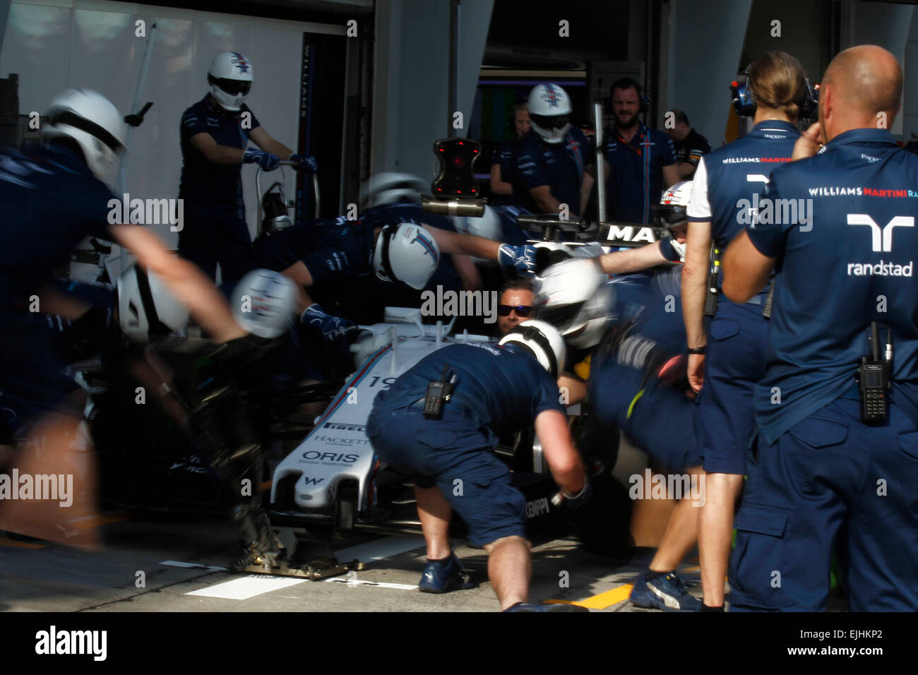 Sport Automobile : Championnat du Monde de Formule 1 de la FIA 2015, Grand Prix de Malaisie, pit stop formation, Williams Martini Racing Banque D'Images