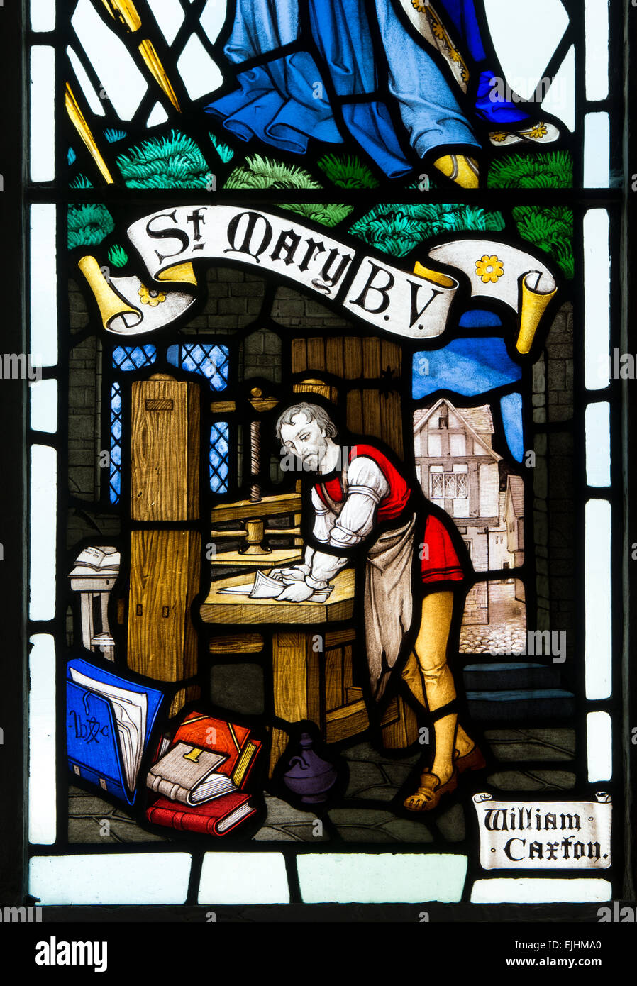 William Caxton, vitraux de l'église Sainte Marie la Vierge, Ludgershall, Buckinghamshire, England, UK Banque D'Images