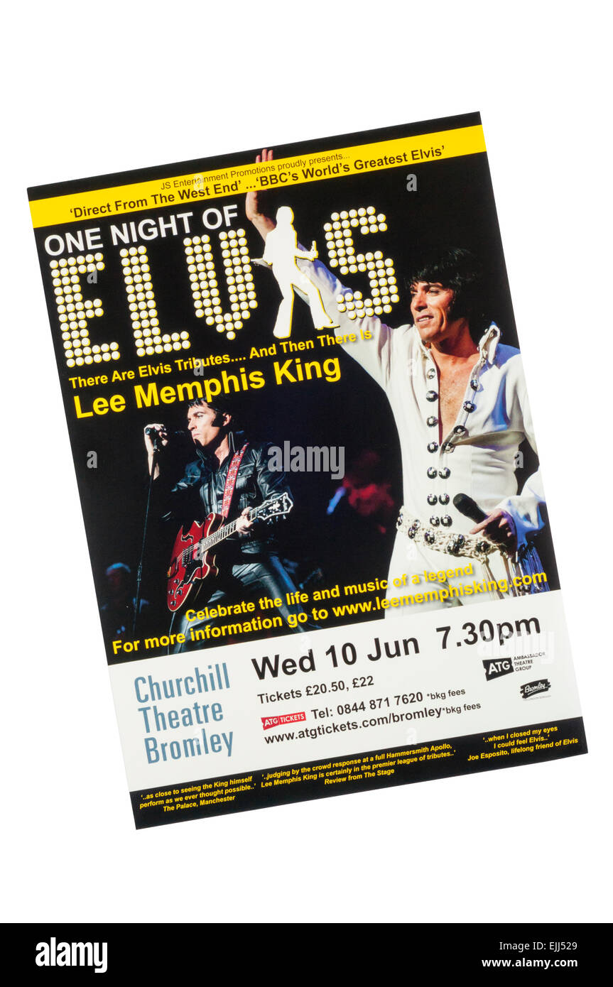 Dépliant promotionnel pour 2015 Apparition d'imitateur d'Elvis Lee Memphis King dans une nuit d'Elvis à Churchill Theattre Bromley Banque D'Images