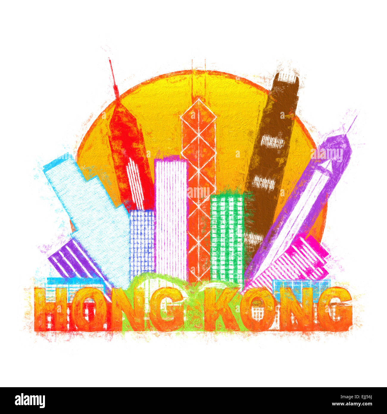 Hong Kong City Skyline en cercle couleur contours isolé sur fond blanc Illustration impressionniste Banque D'Images Hong Kong City Skyline en cercle couleur contours isolé sur fond blanc Illustration impressionniste Banque D'Images
