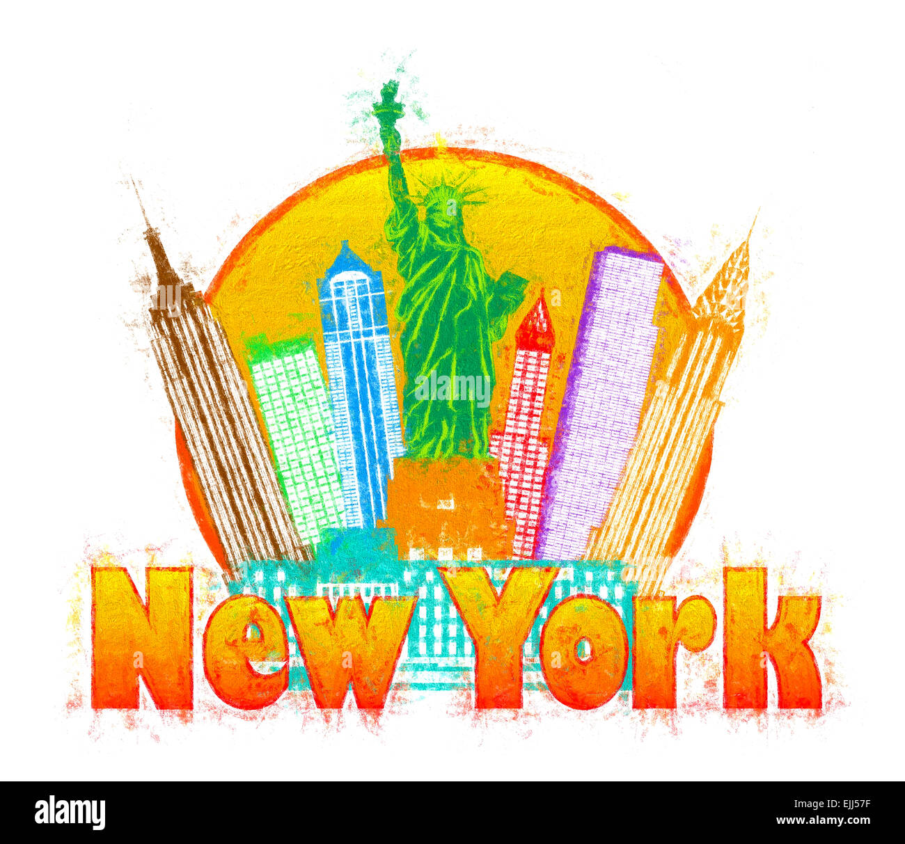New York City Skyline colorés avec Statue de la liberté à contour Cercle avec texte Illustration impressionniste Banque D'Images