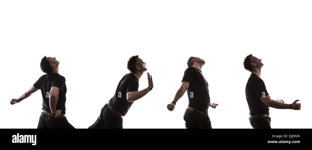 Quatre versions du même homme la danse de profil dans la silhouette sur un fond blanc. Image composite. Banque D'Images
