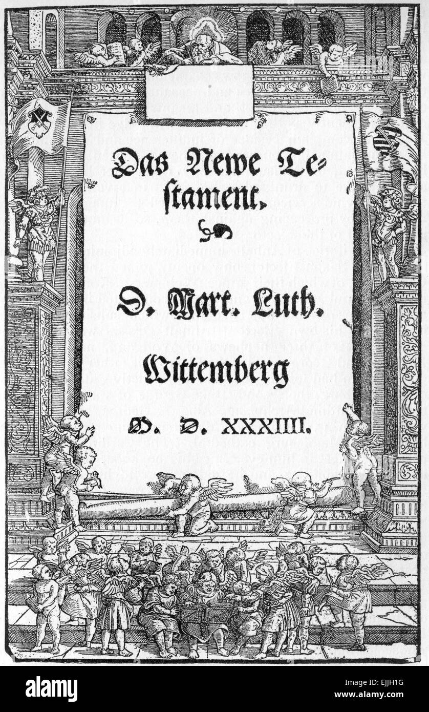 Page de titre du Nouveau Testament 1534 allemand, à partir d'une gravure publiée dans la vie de Luther par Julius Kostlin, 1900 Banque D'Images