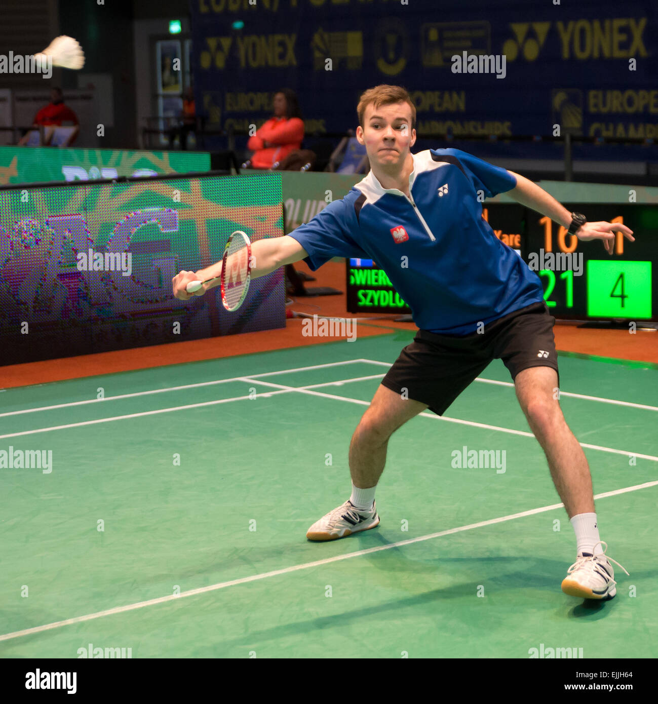 Lubin, Pologne. Mar 27, 2015. Tournoi de badminton en équipe lors des Championnats d'Europe Junior 2015. Match entre la Pologne - Islande. Przemyslaw Szydlowski en action Crédit : Piotr Dziurman/Alamy Live News Banque D'Images