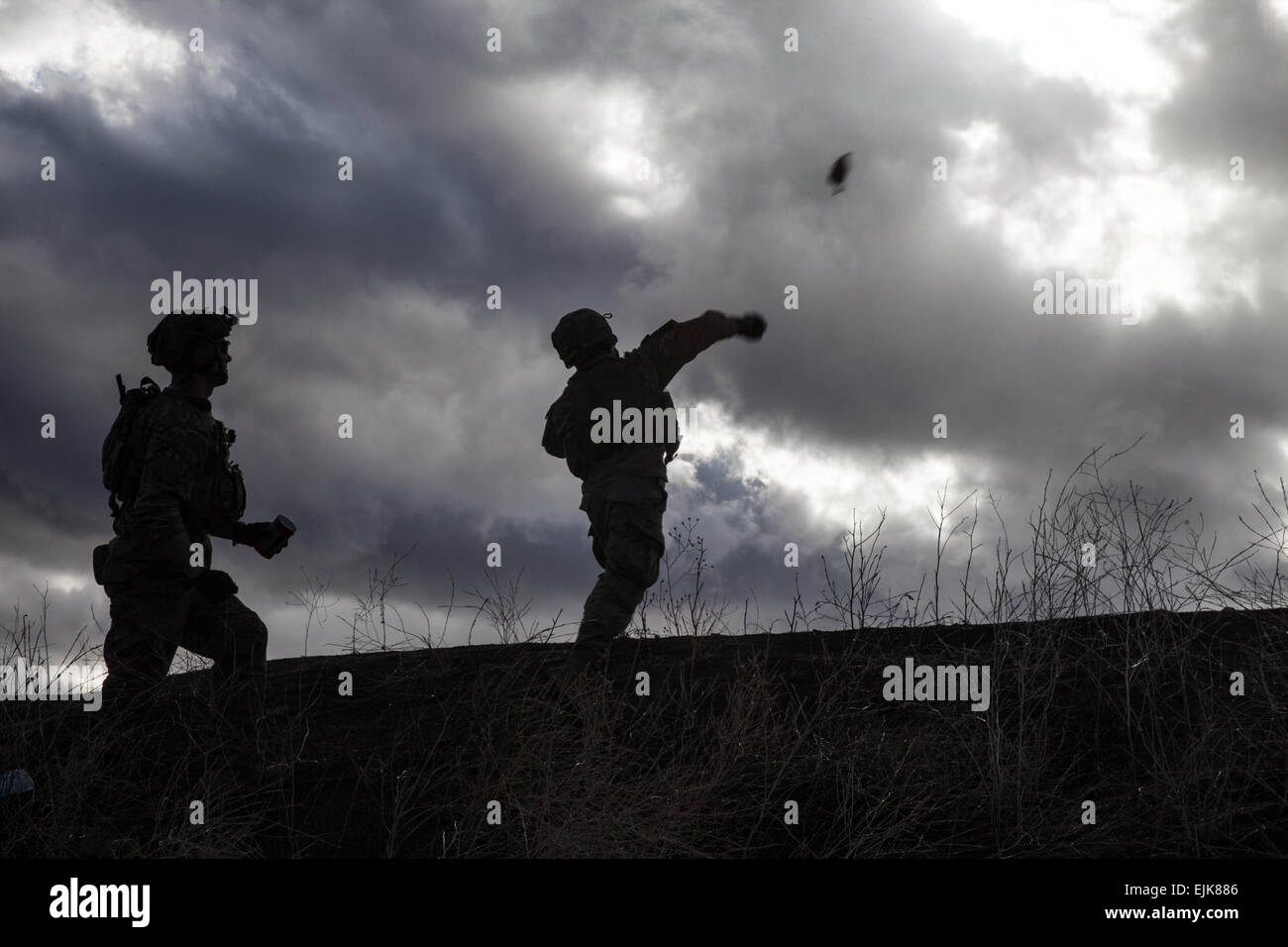 U.S. Army Rangers de la Compagnie Alpha, 2e Bataillon, 75e régiment de Rangers, lancer des grenades à main au cours d'une démonstration de tir de Fort Hunter Liggett, Californie, le 3 février 2014. Les Rangers sont la formation en permanence pour maintenir le plus haut niveau de compétence technique. Le s.. Teddy Wade /ranger/ /ranger/ Banque D'Images