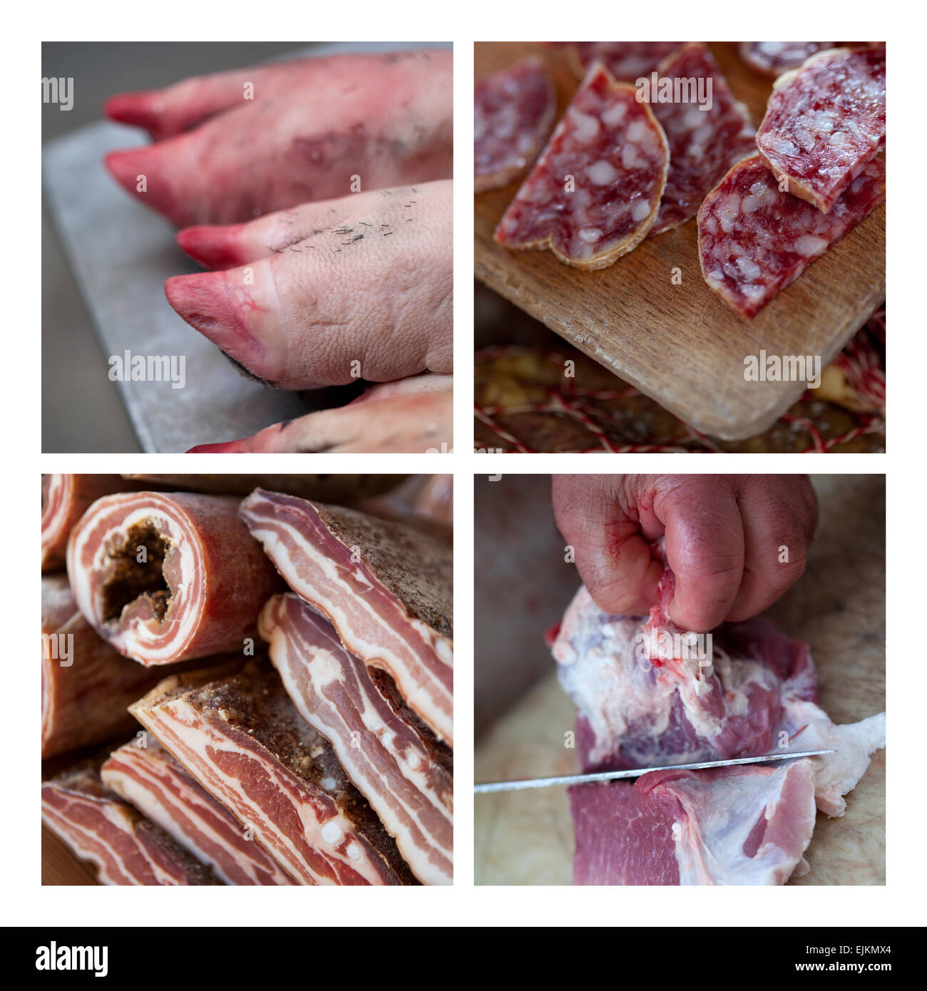 Différentes viandes de porc dans une boucherie sur un collage Banque D'Images