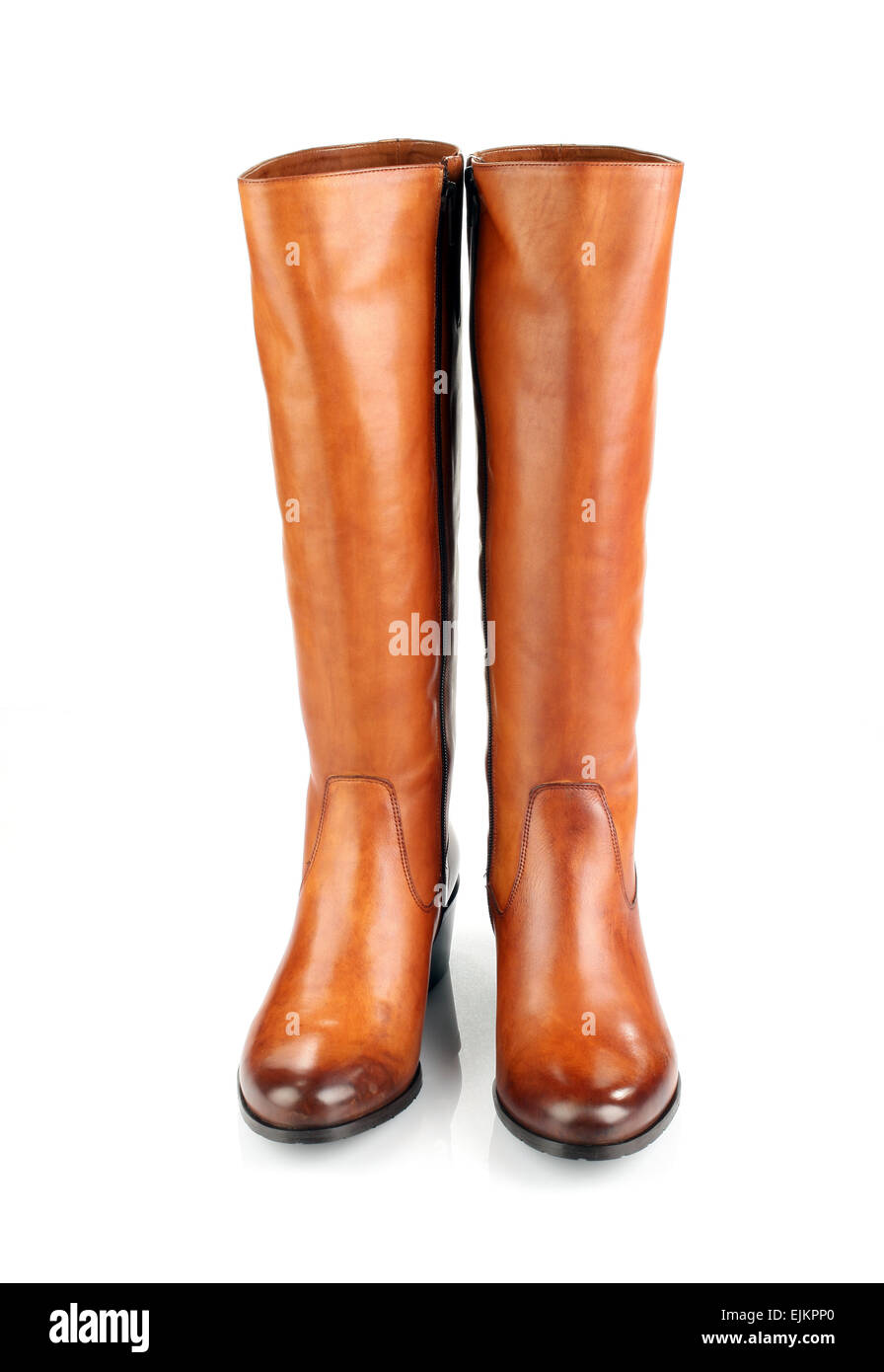 Bottes femme marron isolé sur fond blanc Banque D'Images