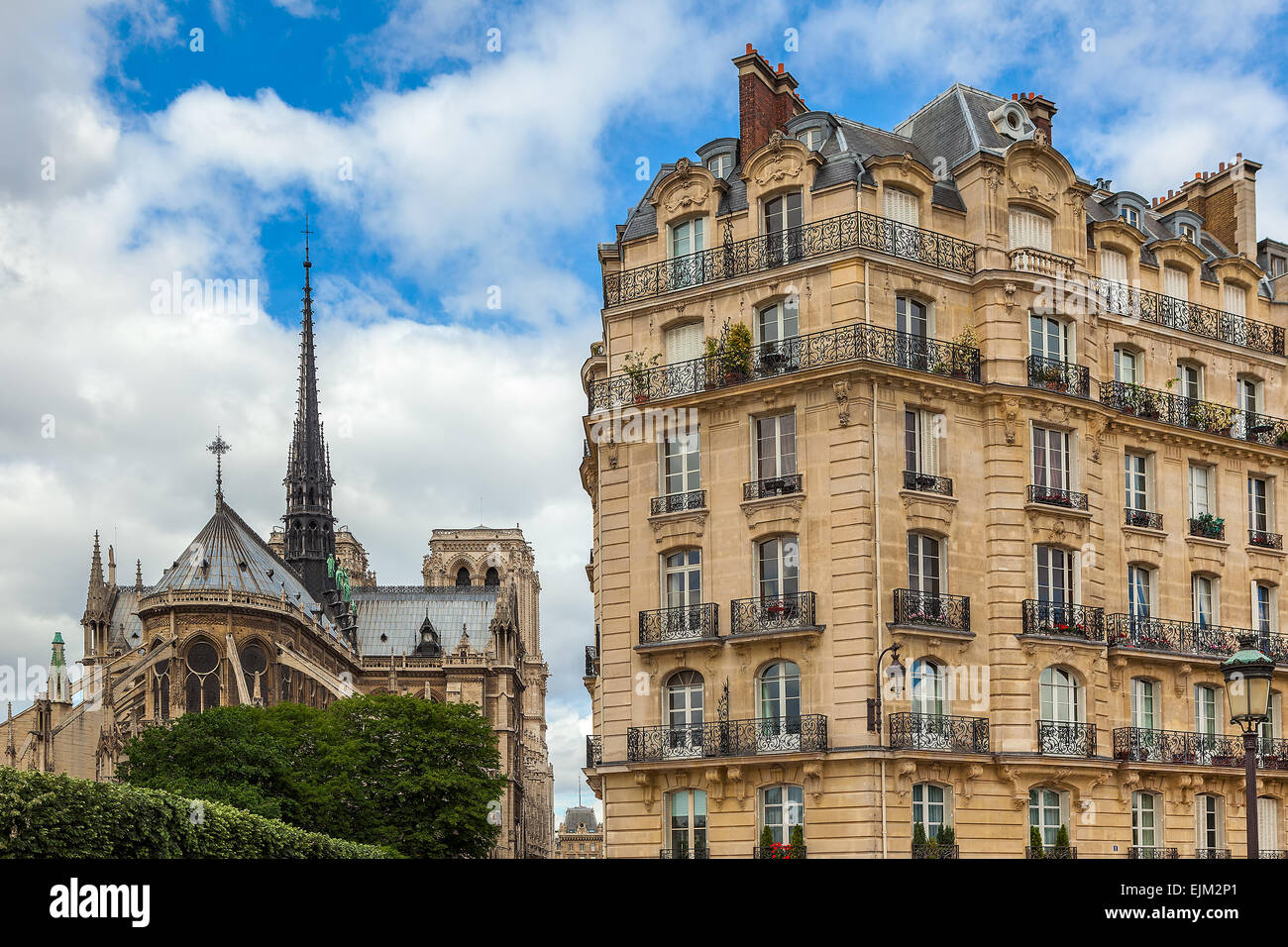Vue sur immeuble typiquement parisien comme la Cathédrale Notre Dame de Paris sur l'arrière-plan. Banque D'Images