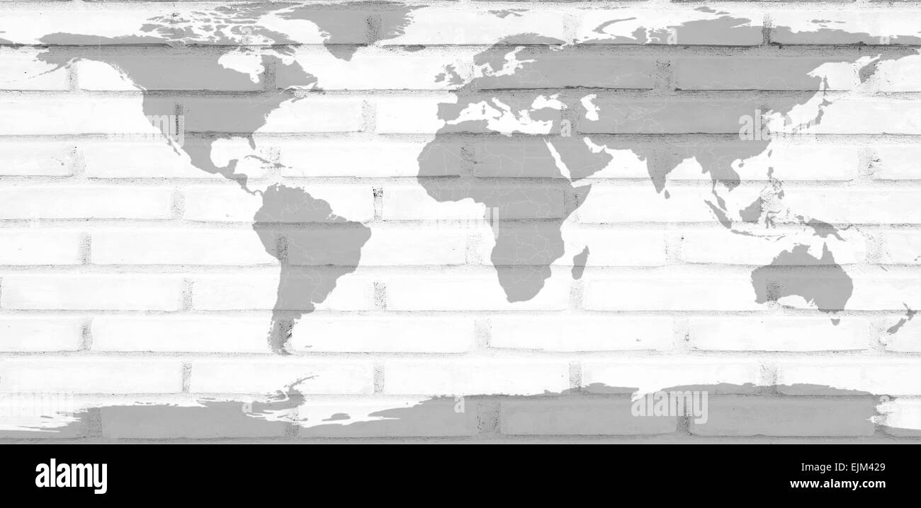 Carte du monde sur fond de brique mur blanc Banque D'Images