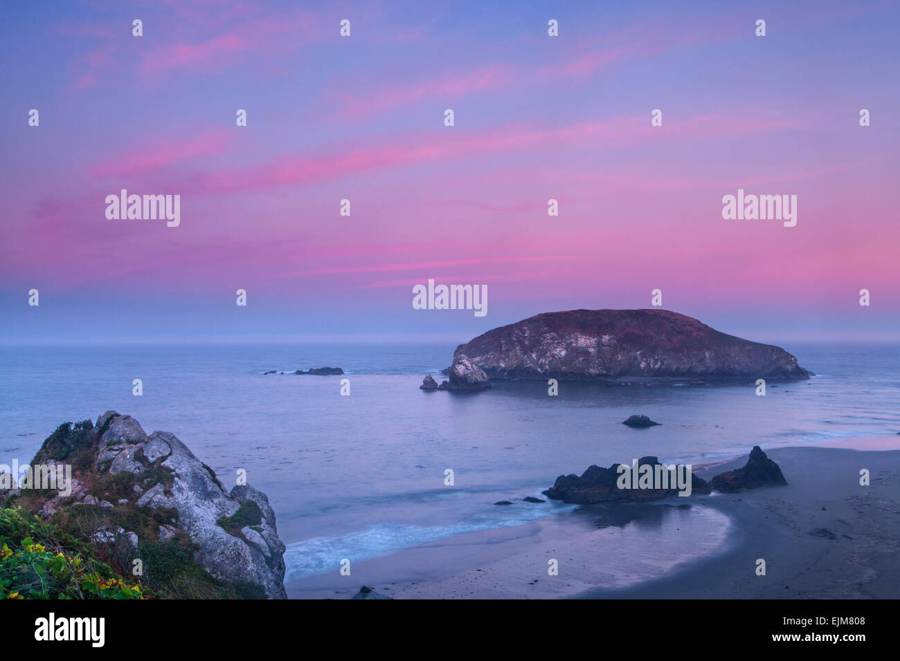 Ciel rose au lever du soleil sur la plage de Harris le long de la côte de l'Oregon, Harris Beach State Park, Oregon, USA. Banque D'Images