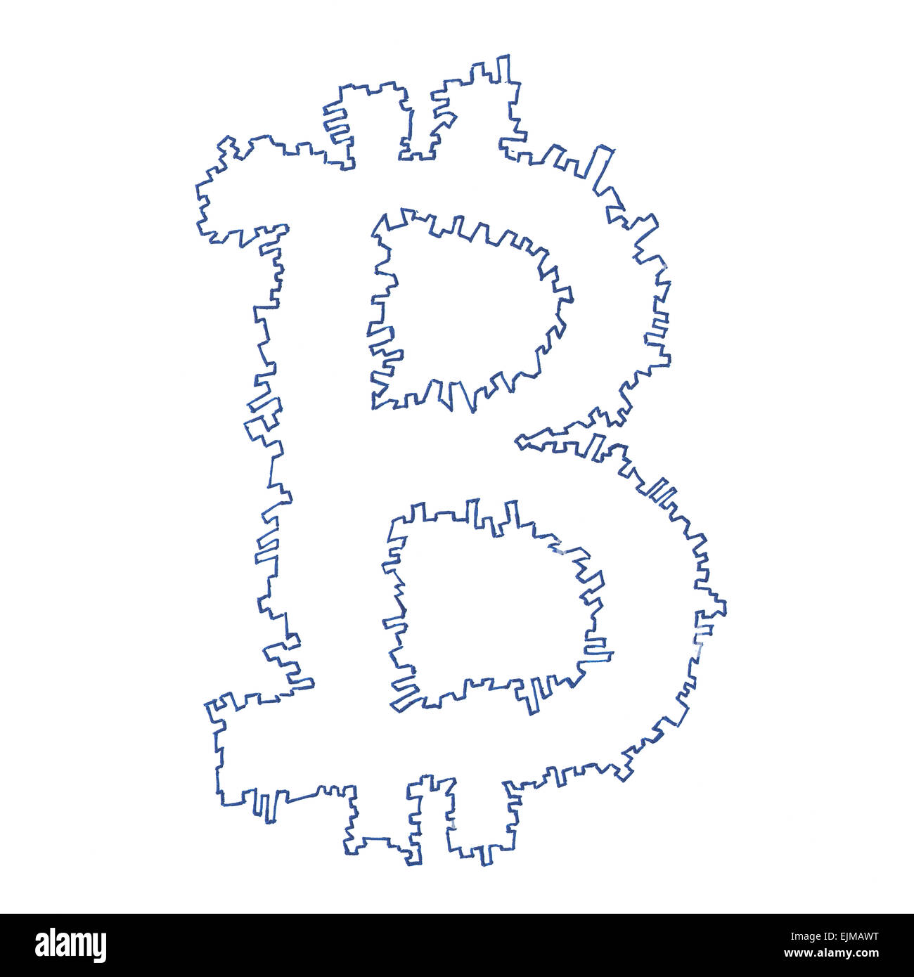 Bitcoin dentelée, symbole d'un dessin fait main crypto décentralisée numérique monnaie, lettre B sur fond blanc. Banque D'Images