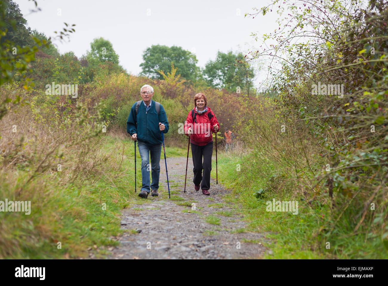 Senior couple marche nordique sur sentier rocheux dans la nature. Banque D'Images