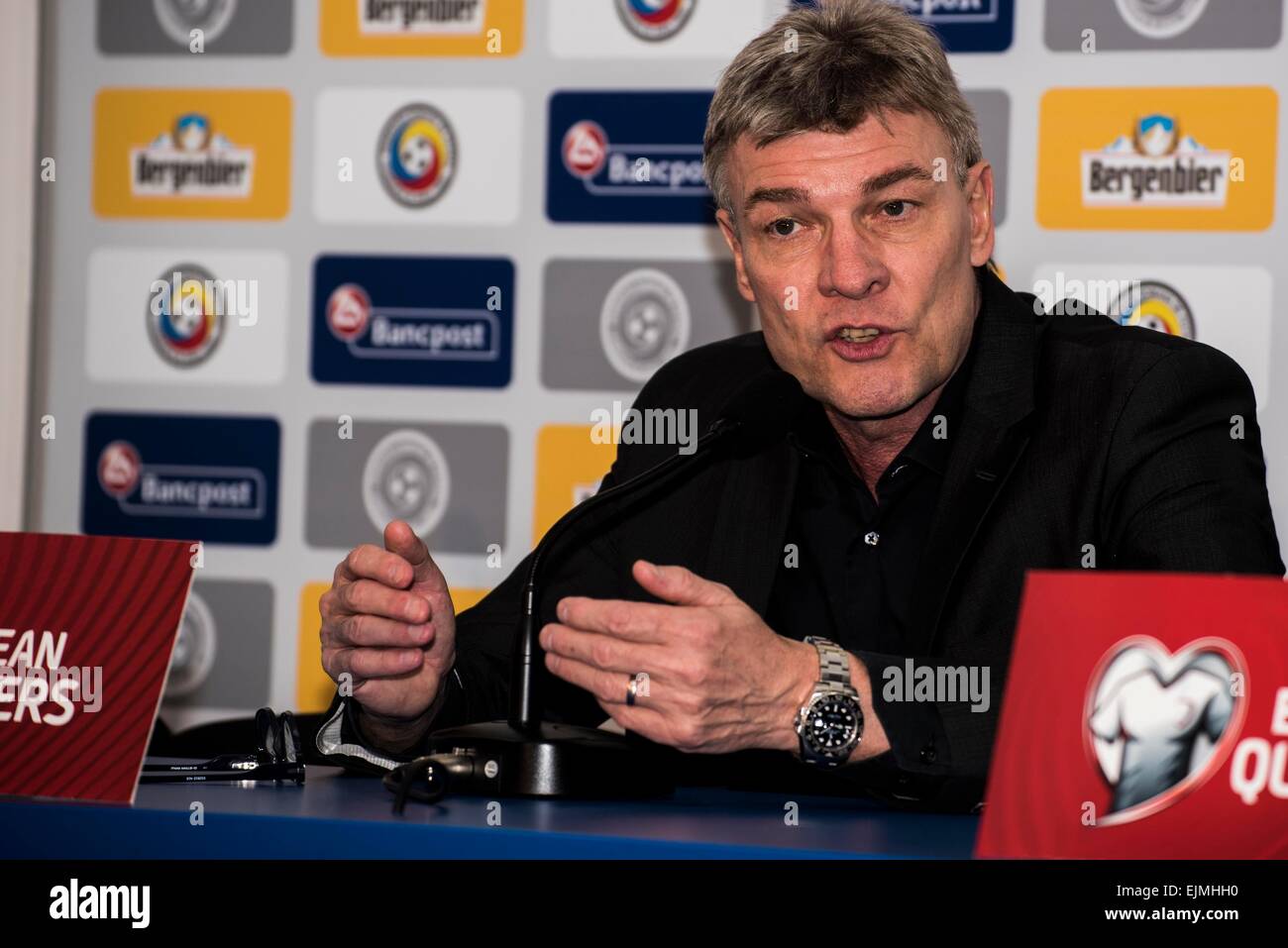 29 mars 2015 : Lars Olsen l'entraîneur de l'équipe nationale des Îles Féroé à la conférence de presse après le 15ème Championnat d'Europe de l'UEFA tour de qualification match entre l'Équipe nationale de football de la Roumanie (ROU) et l'Équipe nationale de football des îles Féroé (BOF) à ''Ilie Oana'' Stadium, Ploiesti à Ploiesti, Roumanie ROU. Catalin Soare/www.sportaction.ro Banque D'Images