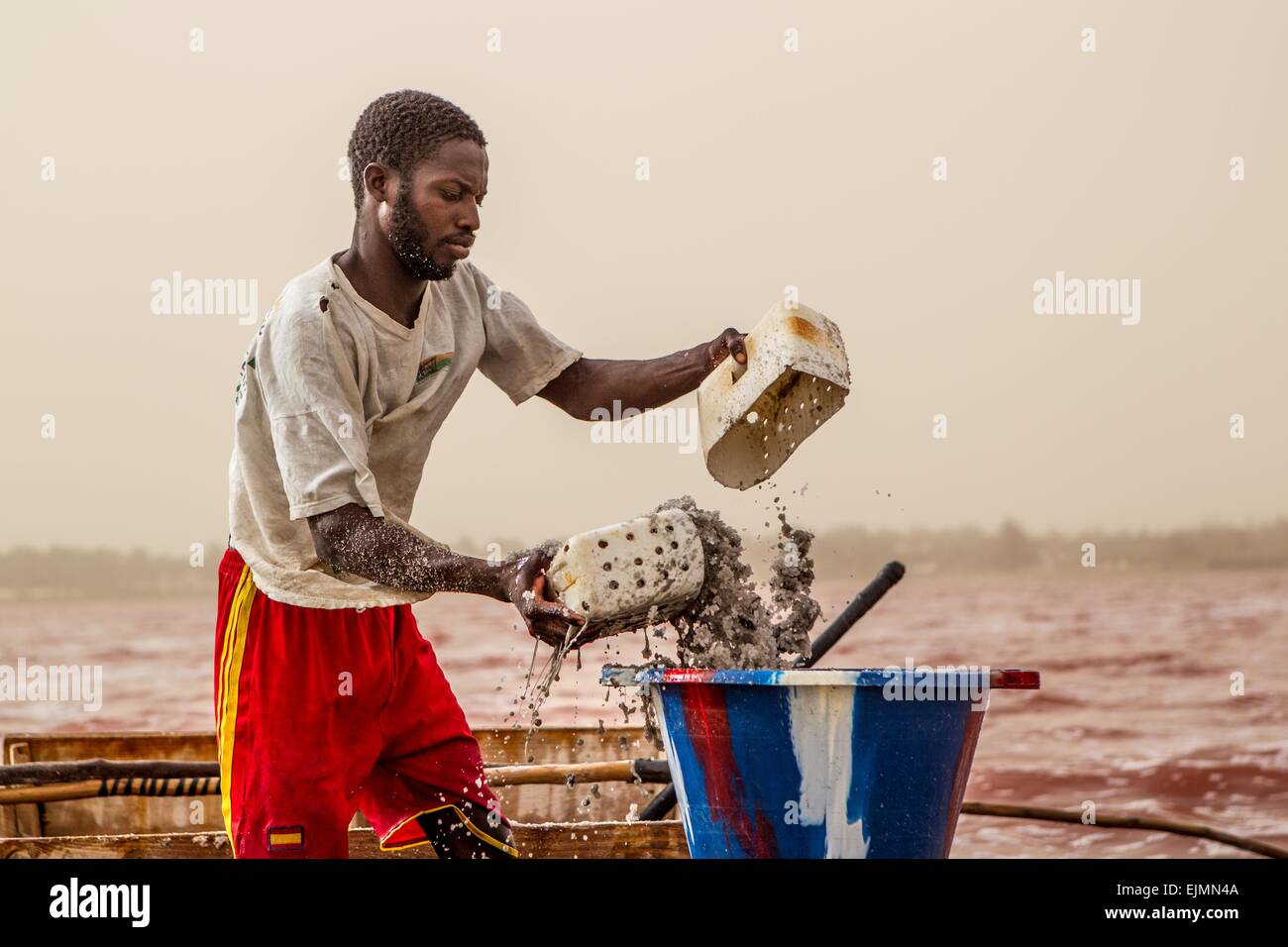 Dakar, Sénégal. Mar 29, 2015. Un villageois recueille des blocs de sel au Lac Rose, à 36 kilomètres au nord-est de Dakar, capitale du Sénégal, le 29 mars 2015. © Li Jing/Xinhua/Alamy Live News Banque D'Images