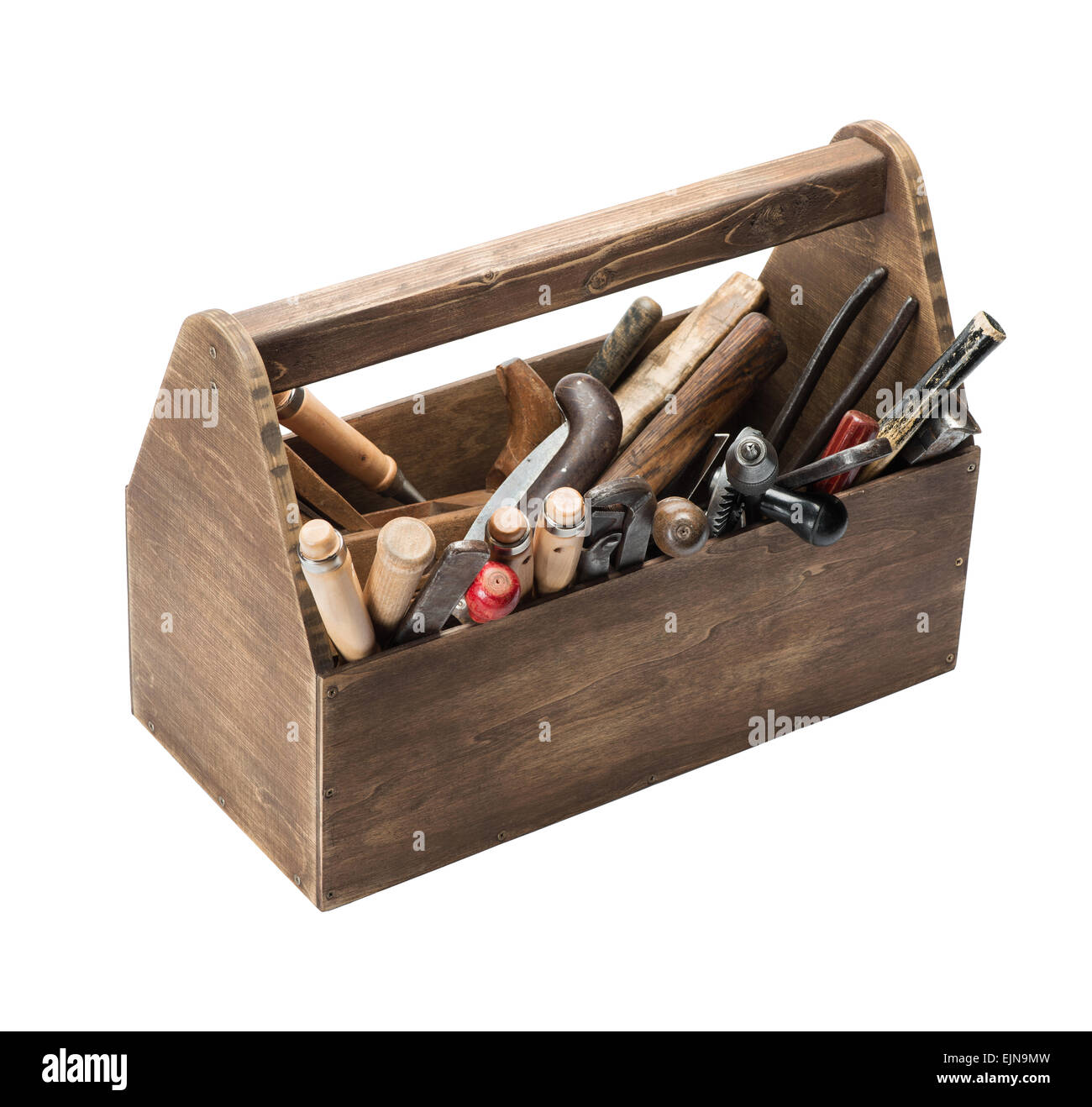 Boîte à outils en bois avec des vieux outils Banque D'Images