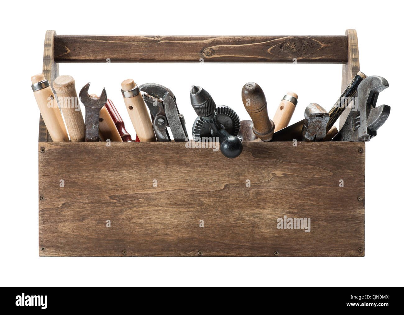 Boîte à outils en bois avec des vieux outils Banque D'Images