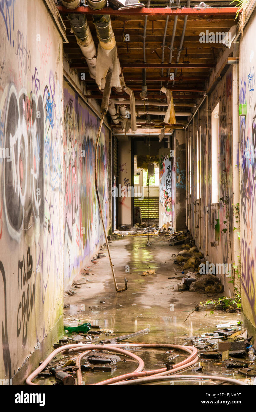 Des graffitis sur les murs d'un couloir dans un bâtiment abandonné Banque D'Images
