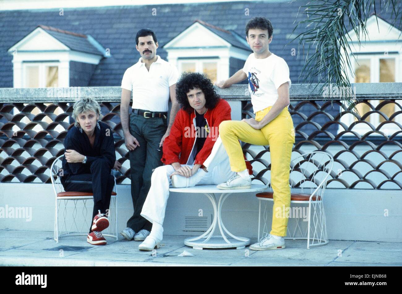 Le groupe de rock Queen, Freddie Mercury, Brian May, Roger Taylor et John Deacon vu ici à New Orleans, USA. Ils sont en répétition pour leur prochaine tournée de l'Amérique du Sud. 21 septembre 1981, Banque D'Images