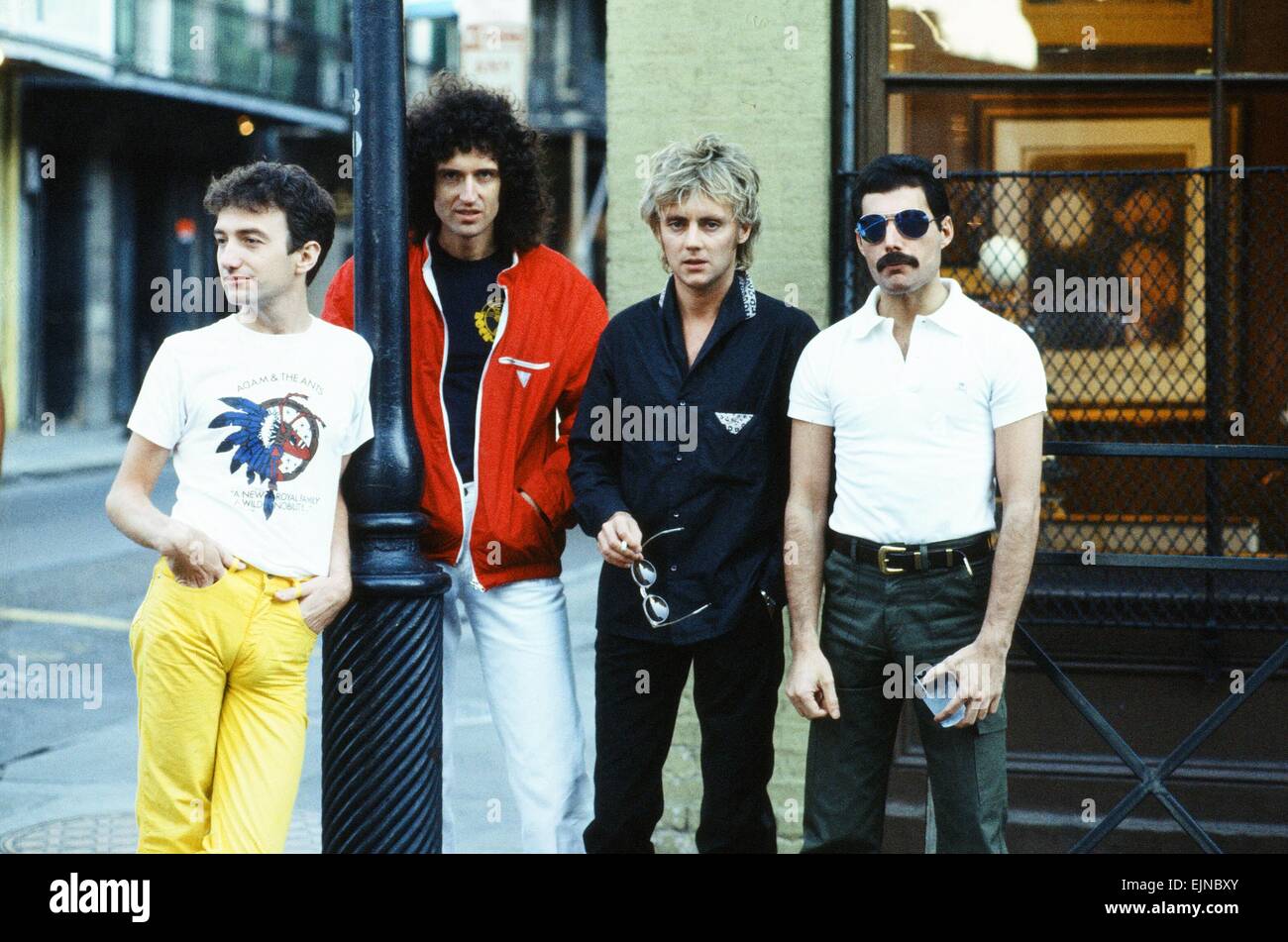 Le groupe de rock Queen, Freddie Mercury, Brian May, Roger Taylor et John Deacon vu ici à New Orleans, USA. Ils sont en répétition pour leur prochaine tournée de l'Amérique du Sud. 21 septembre 1981, Banque D'Images