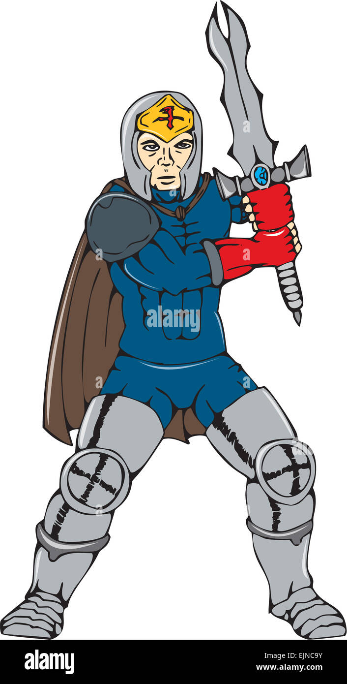 Cartoon style illustration d'un chevalier avec cape brandissant une épée vue de l'avant sur des arrière-plan. Banque D'Images