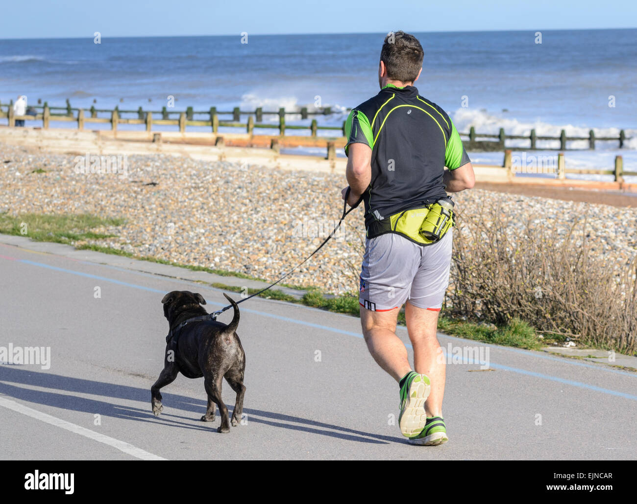 Man jogging le long de la promenade du front de mer avec un chien. Banque D'Images