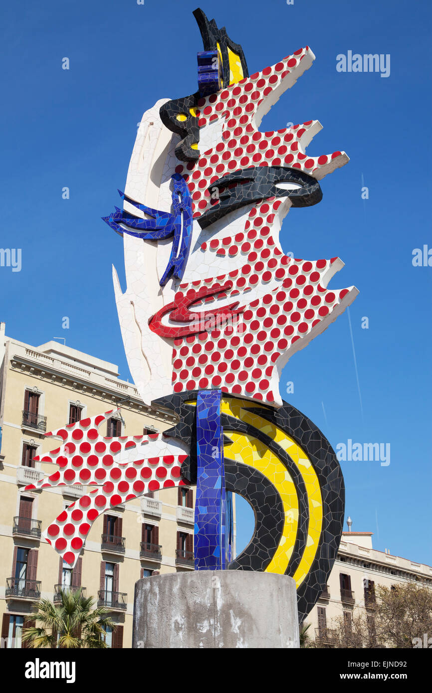 El Cap de Barcelone par Roy Lichtenstein, Barcelone, Espagne. Banque D'Images