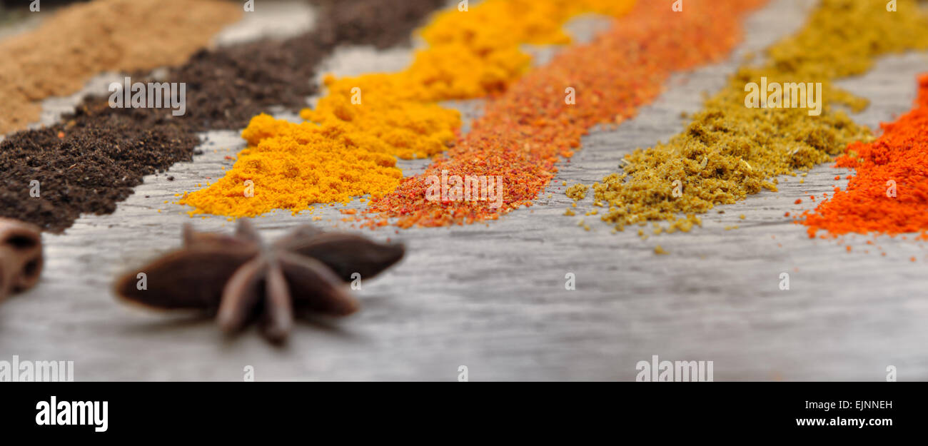 Différentes lignes de poudres d'épices et d'anis Banque D'Images