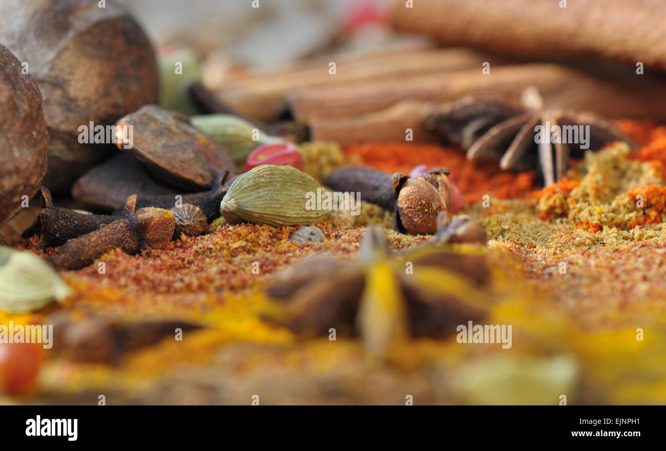 Graines mélangées à de la poudre d'épices colorées Banque D'Images