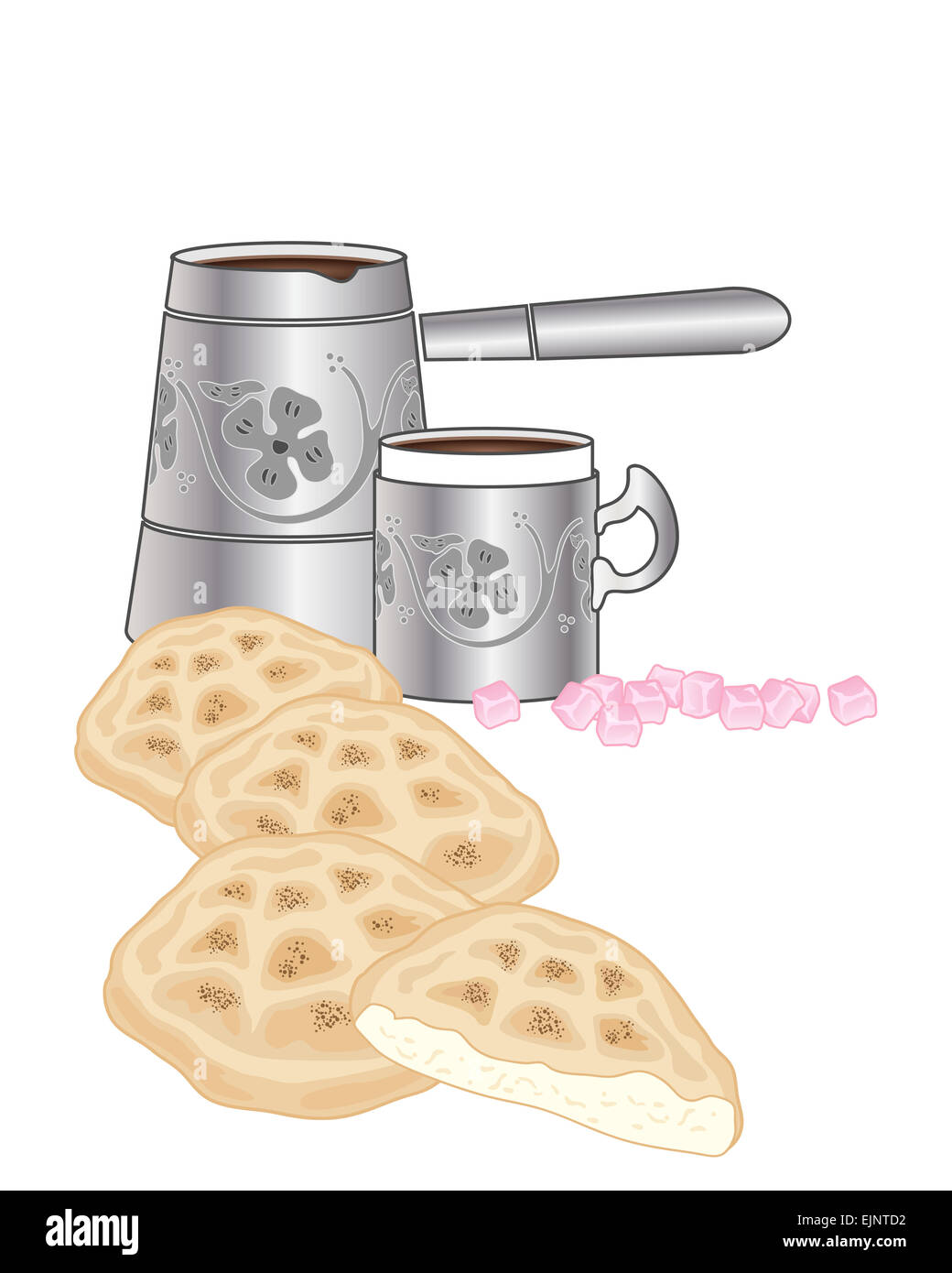 Une illustration de pain plat traditionnel turc avec la verseuse et mug avec Loukoum rose sur fond blanc Banque D'Images