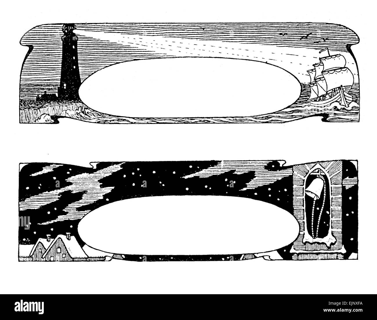 2 cadres art déco avec deux scènes de nuit : bateau et phare et nuit d'hiver avec de la neige en milieu rural Banque D'Images