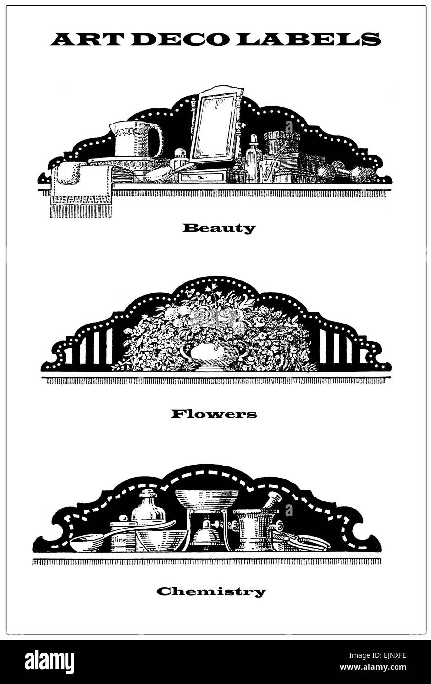 3 Frontières mixte vintage - étiquettes à propos de toilettes et de beauté, de la chimie et de fleurs Banque D'Images