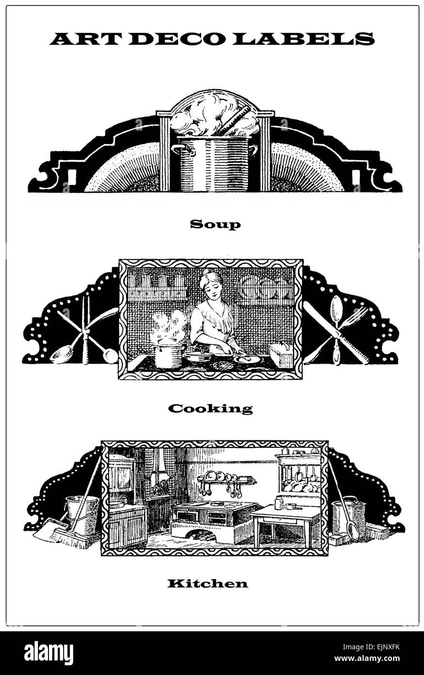 3 Frontières vintage - les étiquettes sur la cuisine, cuisine et soupe bouillante Banque D'Images