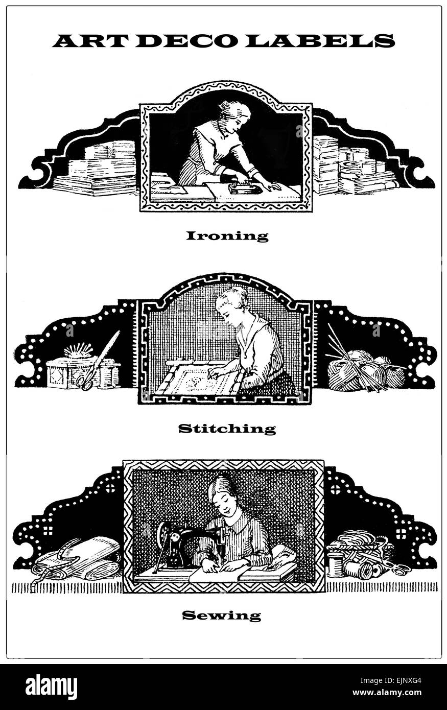 3 Frontières vintage - Etiquettes sur daily woman les tâches domestiques : couture repassage,couture, Banque D'Images