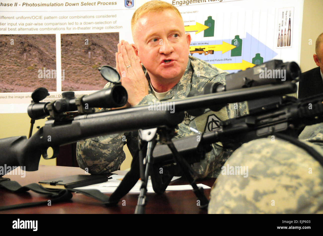 Le colonel Douglas A. Tamilio, gestionnaire de projet, d'un soldat des armes, et du Bureau exécutif du Programme soldat, discuté des améliorations à l'autoroute M-24 fusil de sniper lors d'une table ronde sur les médias, le 2 mars, au Pentagone. L'amélioration de l'arme comprendra un stock réglable et la joue de soudure pour donner à l'arme au soldat configurables, et l'ajout de cinq à dix magazines externes ronde. L'Armée s'attend à lancer la mise en service de l'amélioration de tireurs d'armée M-24 à l'automne. Fusil de Sniper des améliorations à voir à l'essai ce printemps /-news/2010/03/04/35283-sniper-rifle-améliorations-à-voir-testing-ce-sprin Banque D'Images