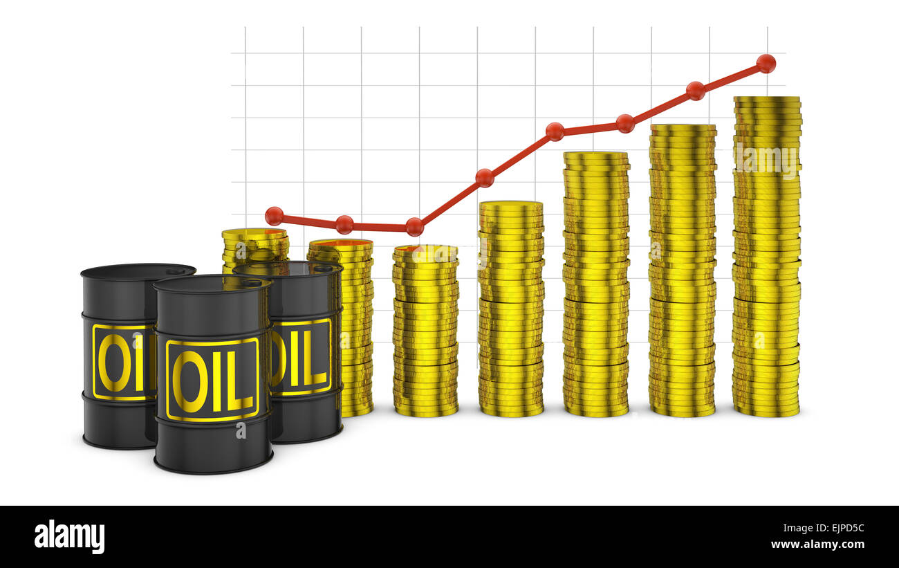 Barils de pétrole et une pile de pièces sur l'arrière-plan de l'augmentation du graphique Banque D'Images