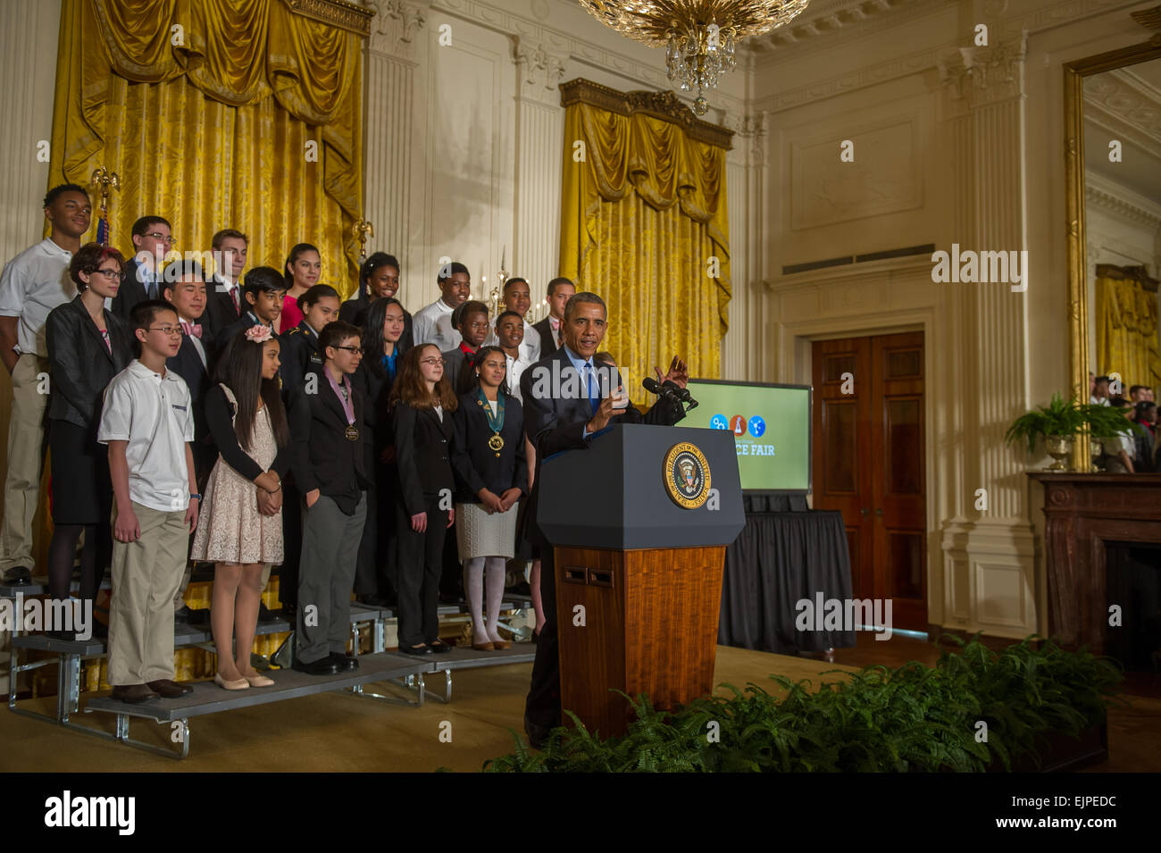 Washington DC, mars,23,2015 : le président américain Barack Obama prononce une allocution sur l'USA Science & Engineering Festival est une science Banque D'Images