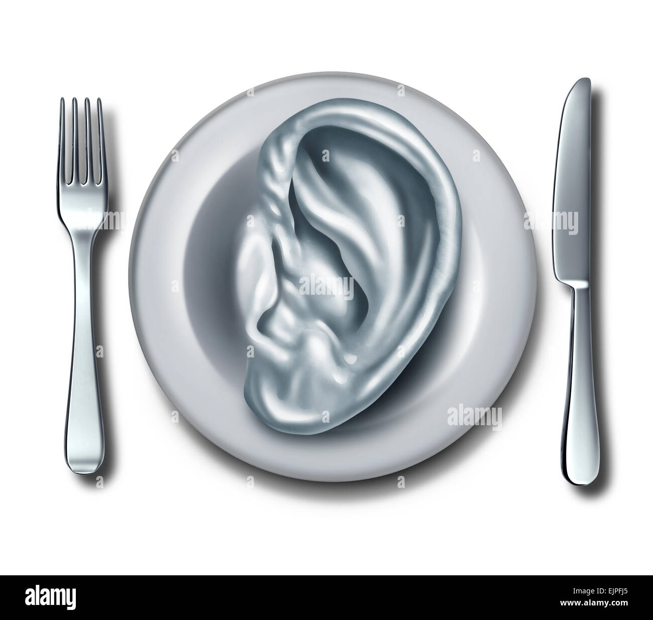 Conseils de régime alimentaire et l'information sur la nutrition comme un concept en forme de récipient blanc avec une oreille comme un symbole de l'écoute de recommandations alimentaires et de repas à la suite de critiques de restaurants ou de directives. Banque D'Images