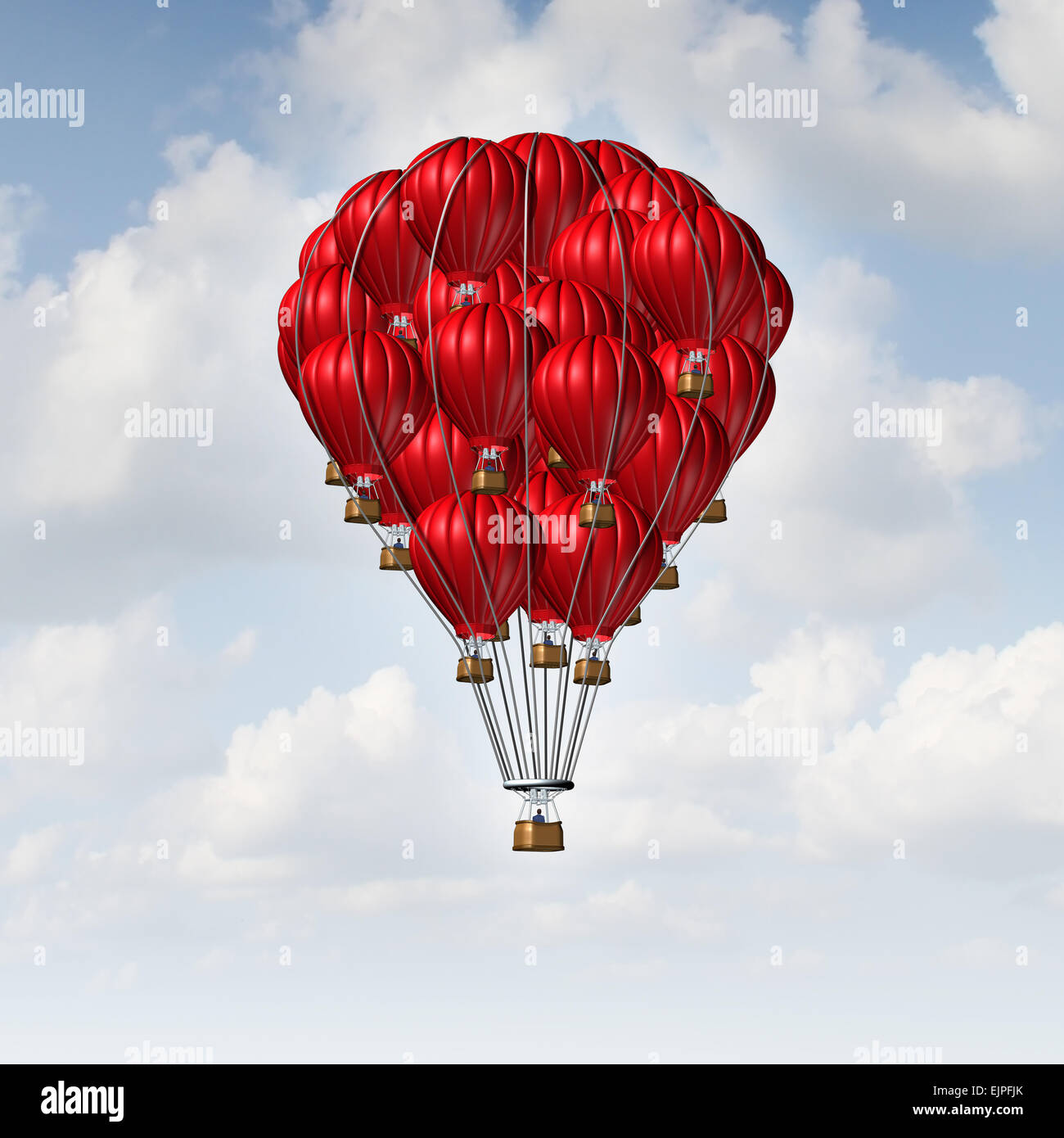 Concept de groupe comme une équipe de red hot air balloons réunis comme symbole de l'unité d'équipe et la collaboration de solidarité avec les peuples d'être dirigé par un gestionnaire. Banque D'Images