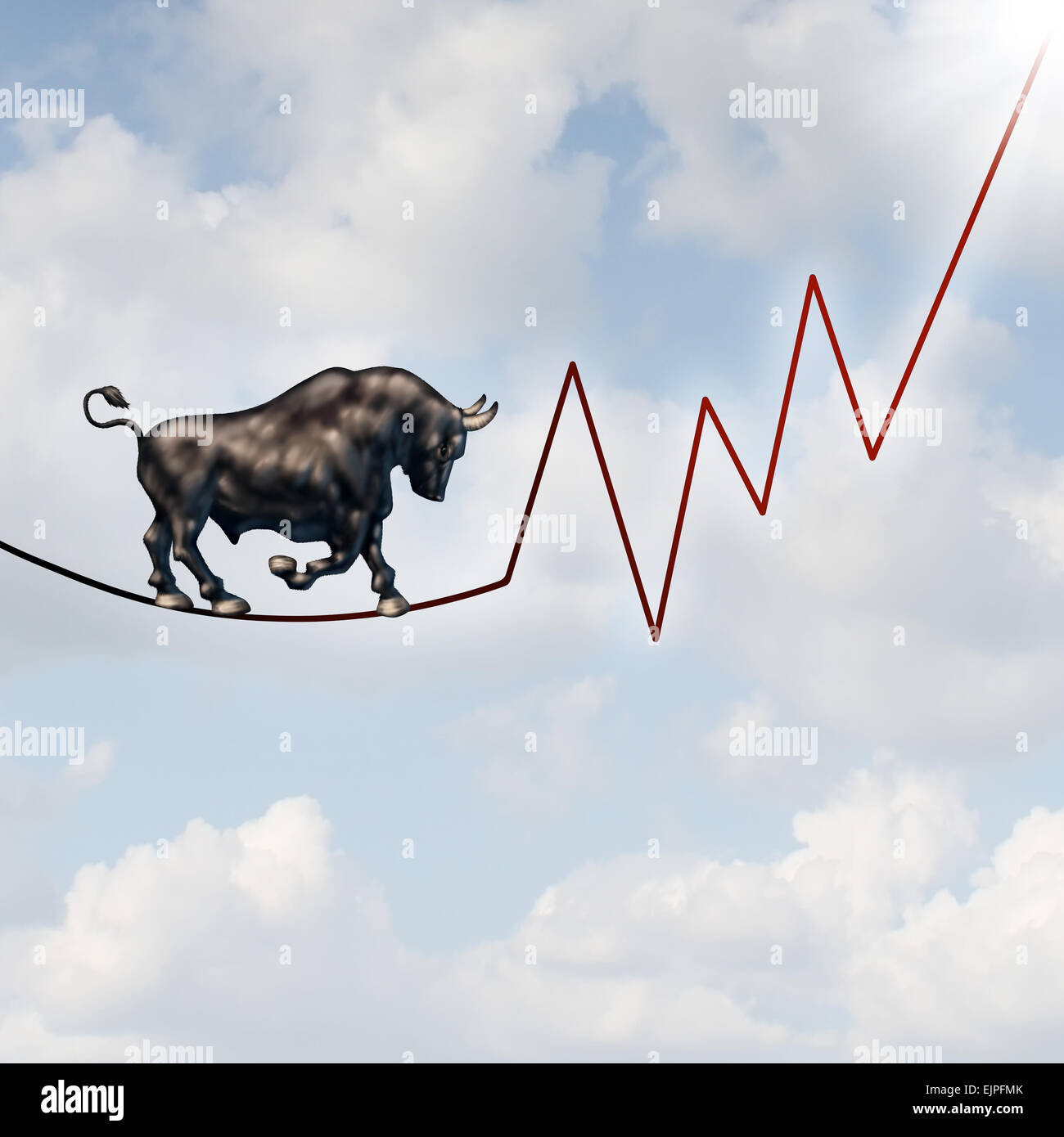 Risque de marché Bull concept financier comme une bête haussière lourde marche sur un fil en forme de bourse graphique sans but lucratif représentant le danger d'investissement à venir. Banque D'Images