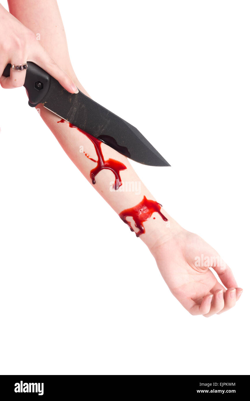 Son Bras Coupe Femme Avec Du Sang A L Aide De Couteau Photo Stock Alamy