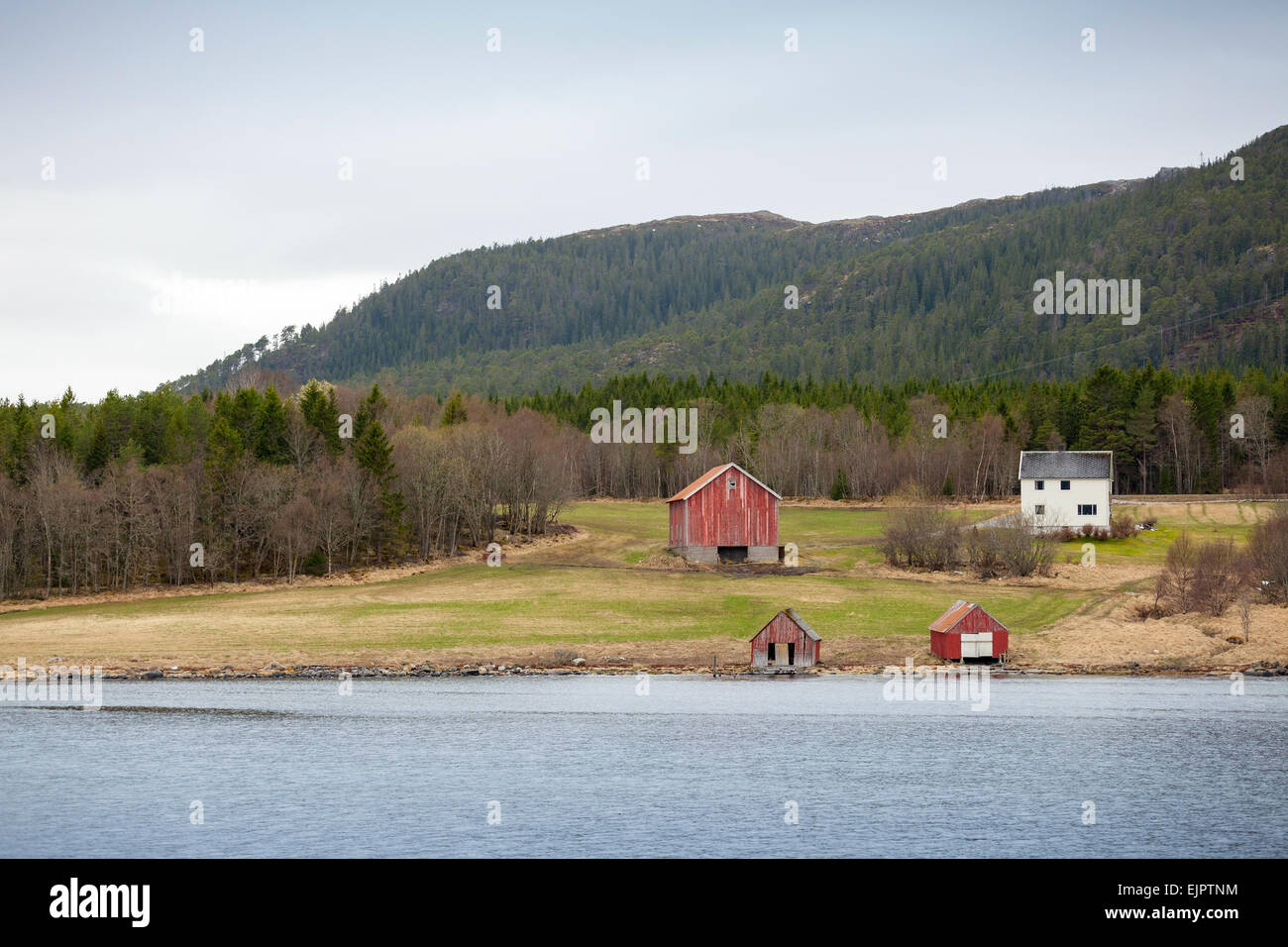 Petit village traditionnel norvégien, maisons et granges en bois coloré sur le littoral Banque D'Images