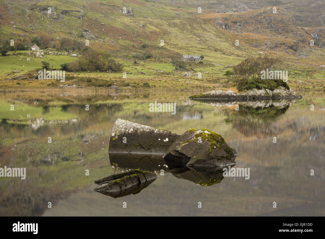 Rocks reflète dans Cummeenduff, lac, le lac de la vallée noire, Macgillycuddy Reeks, Killarney, comté de Kerry, Munster, Irlande, Novembre Banque D'Images