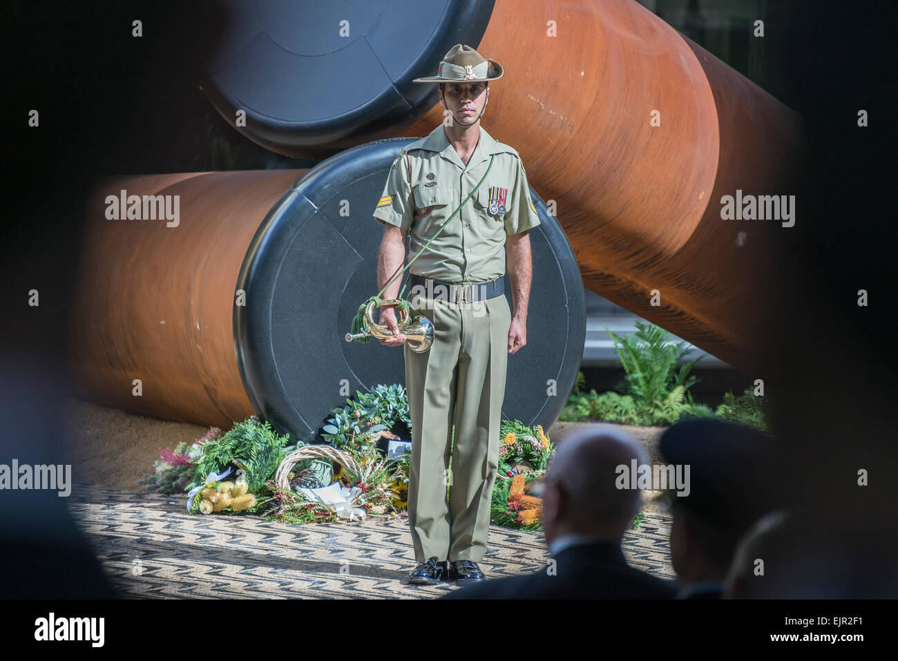 Sydney, Australie - 31 mars 2015 : Le gouverneur général de NSW L'honorable David Hurley (bas) peut être vu pendant le procès verbal du silence' au nouveau mémorial de l'artiste Tony Albert intitulé 'Yininmadyemi - Tu as laisser tomber' dans Hyde Park, Sydney. Credit : MediaServicesAP/Alamy Live News Banque D'Images