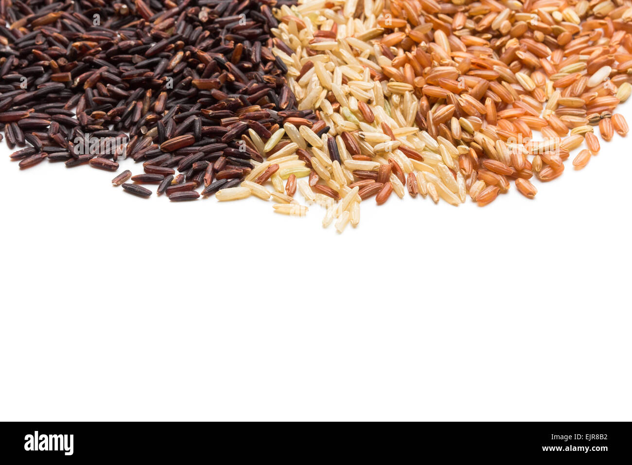 Trois types de variétés de riz brun, noir, jaune et marron avec copie espace Banque D'Images