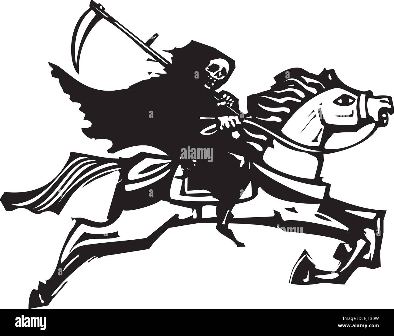 Gravure sur bois, image de la mort style équitation un cheval blanc au galop. Illustration de Vecteur